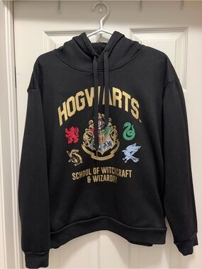 Harry Potter Hogwarts Black Pullover Hoodie with Crest and House Emblems